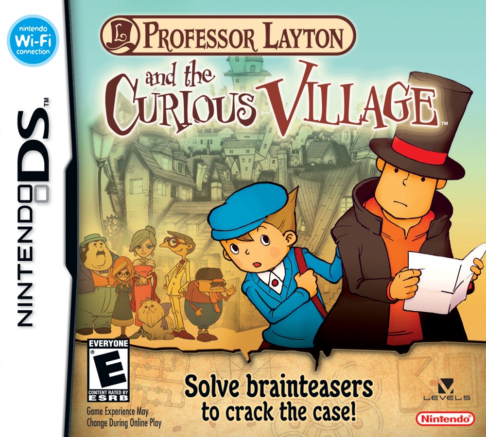 the NDS box art for Professor Layton and the Curious Village. it shows Layton and Luke looking at a map with many interesting looking people and a large tower in the background. the bottom of the art has a banner that says 'Solve brainteasers to crack the case!'